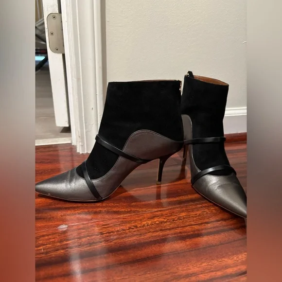 Malone Souliers Pointed Toe Black Suede and Silver Leather Ankle Boots - Picture 4 of 9